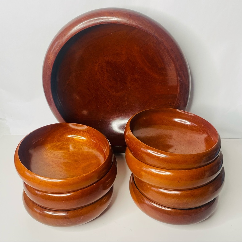 Vintage CaribCraft Solid Mahogany Handmade Haiti MCM Salad Bowl Set